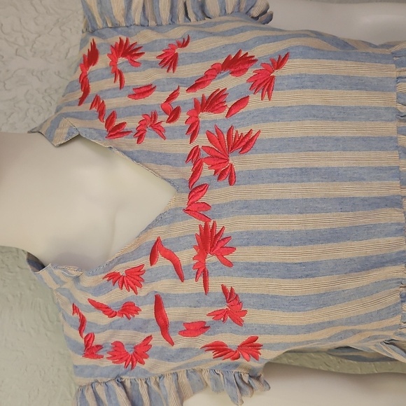 KINDRED Striped Ruffle Sleeve Floral Embroidered Peasant Peplum Babydoll Top - Picture 4 of 8